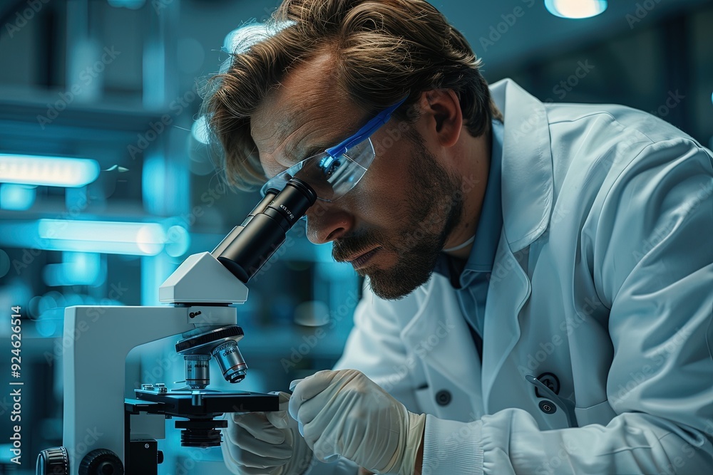 A man in a lab coat is looking through a microscope A man in a lab coat is looking through a microscope