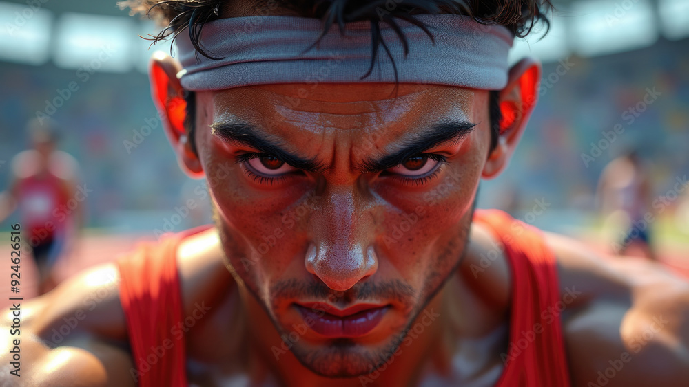 An intense close-up of an athlete in motion on a track, capturing the determination, focus, and competitive spirit during a race, emphasizing athleticism and perseverance. An intense close-up of an athlete in motion on a track, capturing the determination, focus, and competitive spirit during a race, emphasizing athleticism and perseverance.