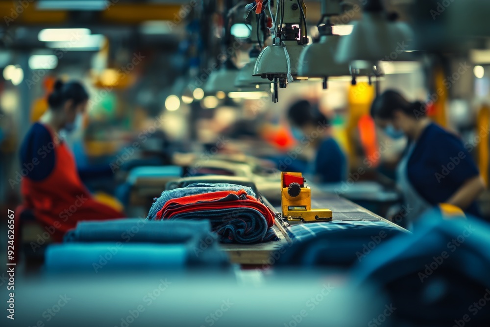 Obraz premium Textile factory workers advocate for fair wages and labor rights in blurred shot