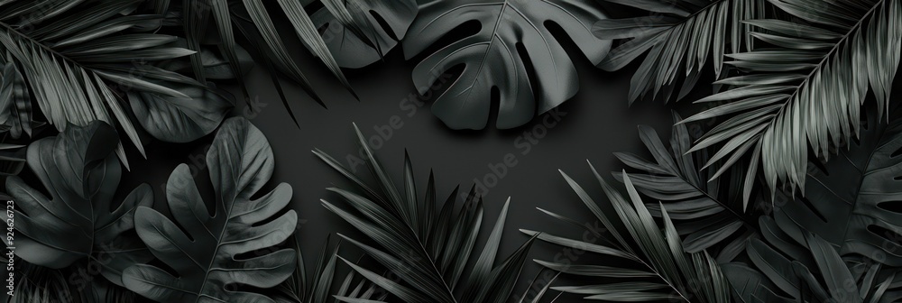 Serene Close-Up of Monochrome Tropical Foliage on Solid Background, Generative Ai Serene Close-Up of Monochrome Tropical Foliage on Solid Background, Generative Ai