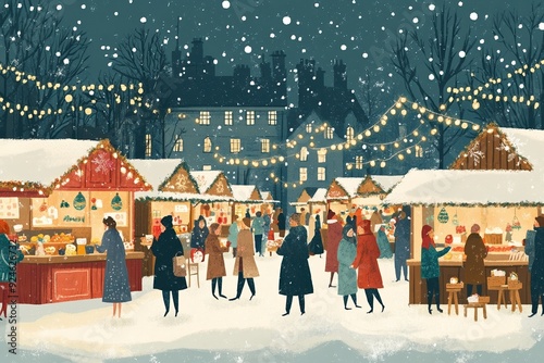 Bustling Christmas Market Scene on a Snowy Evening