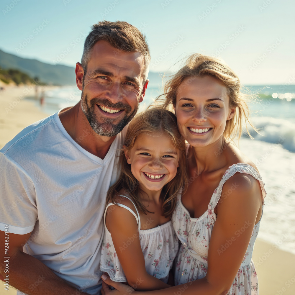 A smiling family stands on the beach, embracing each other closely and dressed in casual outfits, epitomizing family love and unity against the backdrop of the ocean and a sunny day. A smiling family stands on the beach, embracing each other closely and dressed in casual outfits, epitomizing family love and unity against the backdrop of the ocean and a sunny day.