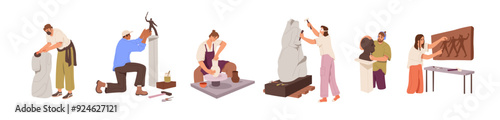 Sculptors create statues set. Creators making sculptures from stone, clay, pottery. Creative people sculpt, craft figurines with chisel, hammer. Flat isolated vector illustrations on white background