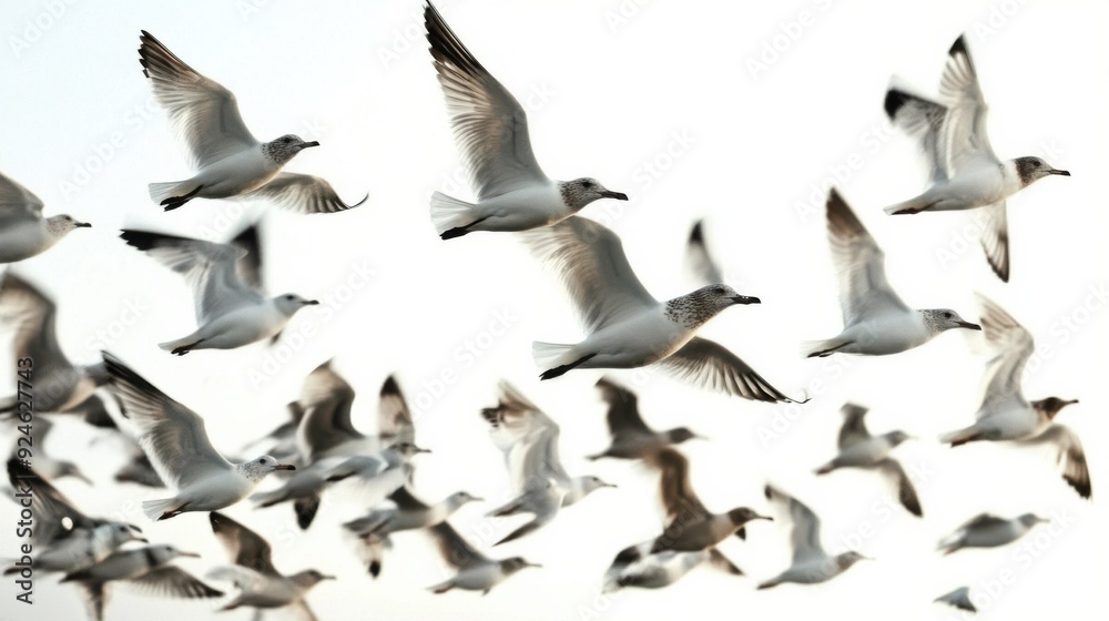 Obraz premium Flock of White Birds in Flight Against a Light Background