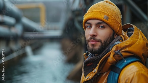 Engineer dressed in winter gear at a hydroelectric dam site, observing the water management processes, reflecting the importance of year-round dam operations.