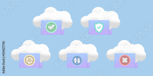 Cloud storage, upload, download, synchronize, complete, and error icons. Digital file with cloud technology and edge computing service and app with data transferring. 3D Web Vector Illustrations