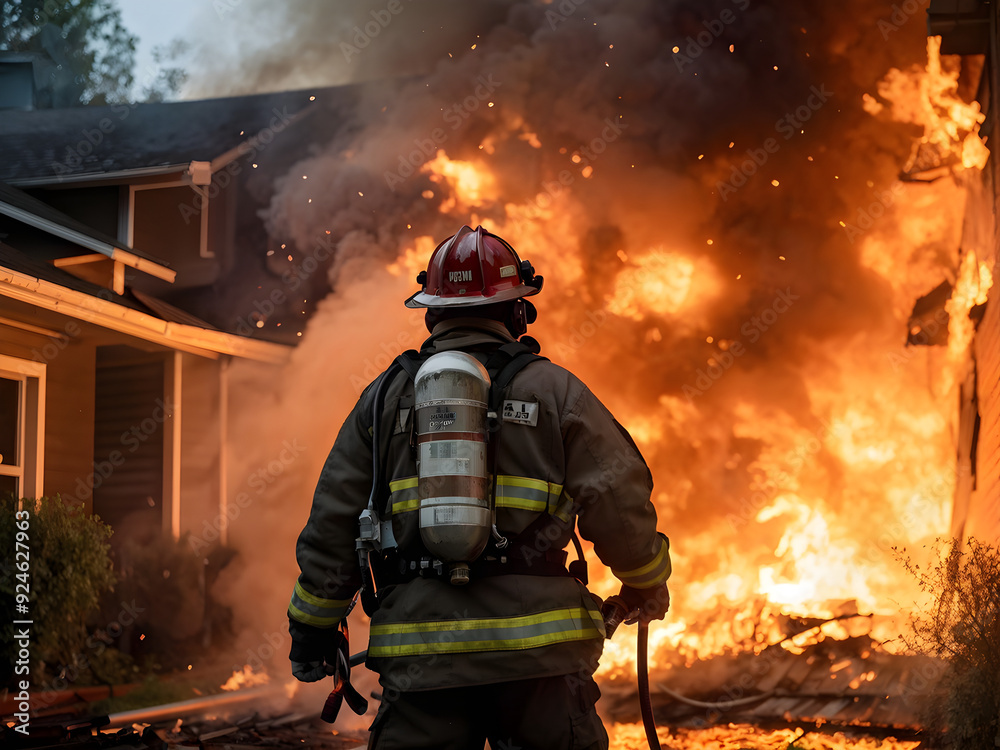 Naklejka premium Fireman in action against house on fire , back point of view. 