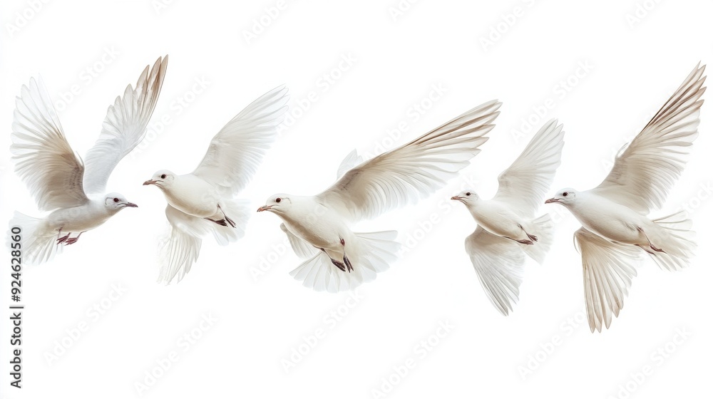 Obraz premium Elegant Doves in Flight Against a Serene White Background