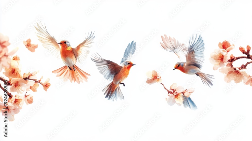 Vibrant Birds in Flight Amidst Serene Pink Blossoms