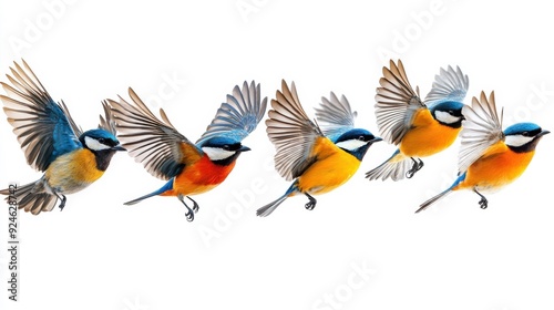 Colorful Birds in Flight Against a Bright White Background