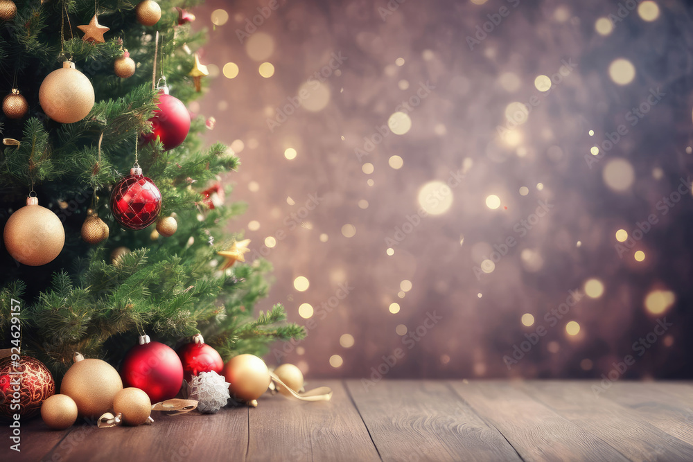 A beautifully adorned Christmas tree stands in a warm space, showcasing vibrant ornaments and shimmering lights against a soft, blurred background of sparkling bokeh. A beautifully adorned Christmas tree stands in a warm space, showcasing vibrant ornaments and shimmering lights against a soft, blurred background of sparkling bokeh.