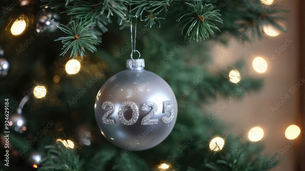 A silver ornament displaying the year 2025 hangs from a Christmas tree adorned with soft green needles and glowing lights, creating a festive and cheerful atmosphere. A silver ornament displaying the year 2025 hangs from a Christmas tree adorned with soft green needles and glowing lights, creating a festive and cheerful atmosphere.