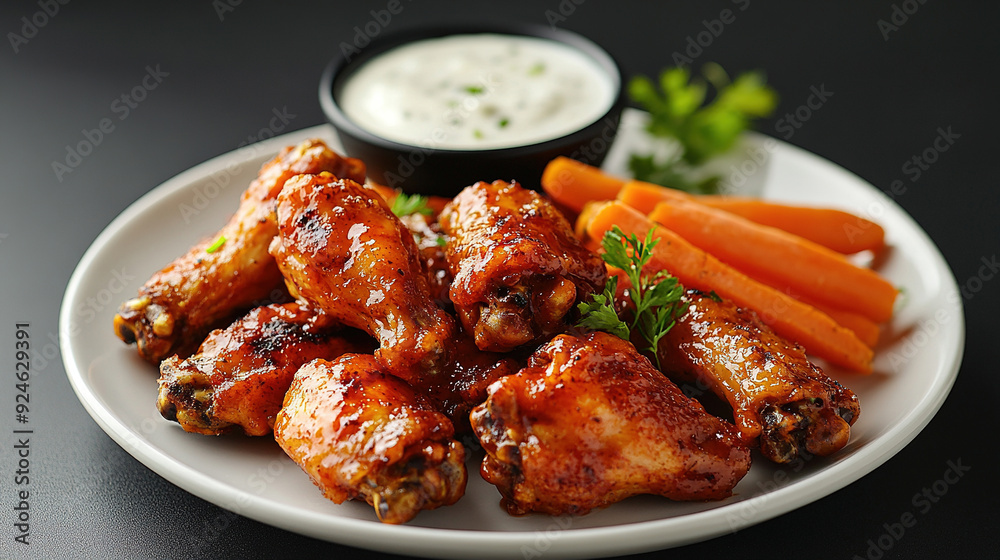 Chicken wings with sweet and sour sauce. Roast chicken wings BBQ. Fast food. Plate of delicious barbecue chicken wings. Korean fried chicken. Spicy chicken wings. Copy space area Chicken wings with sweet and sour sauce. Roast chicken wings BBQ. Fast food. Plate of delicious barbecue chicken wings. Korean fried chicken. Spicy chicken wings. Copy space area