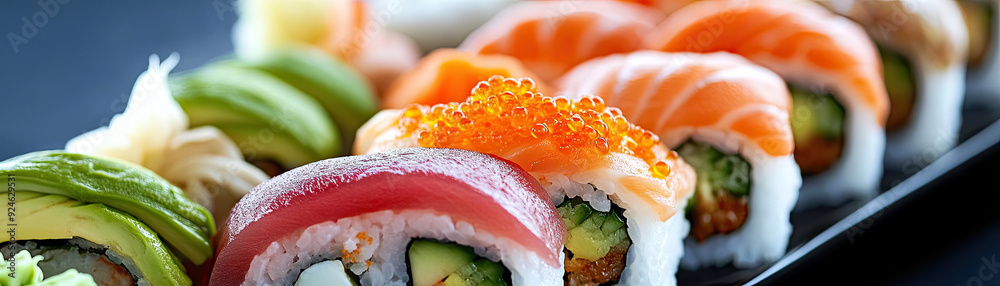 Colorful sushi rolls arranged neatly on a black plate, showcasing fresh ingredients and vibrant flavors ready to enjoy. Colorful sushi rolls arranged neatly on a black plate, showcasing fresh ingredients and vibrant flavors ready to enjoy.