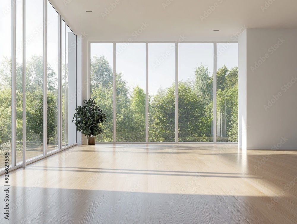 Fototapeta premium A large open room with a large window and a potted plant