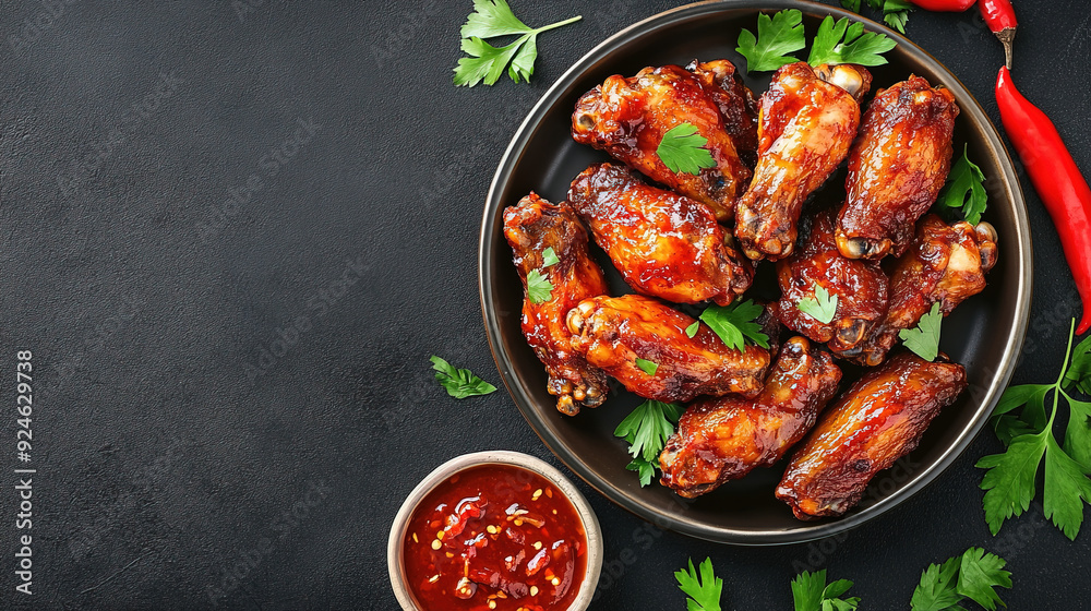 Baked chicken wings with barbecue sauce and basil on a black plate over a dark background. Plate of delicious barbecue chicken wings. Roast chicken wings BBQ. Fast food. Copy space area Baked chicken wings with barbecue sauce and basil on a black plate over a dark background. Plate of delicious barbecue chicken wings. Roast chicken wings BBQ. Fast food. Copy space area