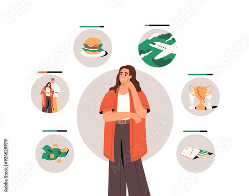 Coaching wheel concept. Young woman estimates life balance. Person thinks about harmony of categories: relationships, finance, travel, esteem. Psychology. Flat isolated vector illustration on white