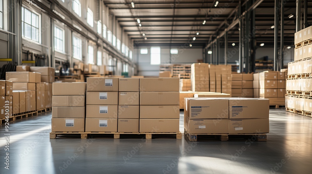 Modern warehouse with neatly stacked pallets and boxes, illustrating an efficient and organized logistics environment focused on optimal inventory management. Modern warehouse with neatly stacked pallets and boxes, illustrating an efficient and organized logistics environment focused on optimal inventory management.