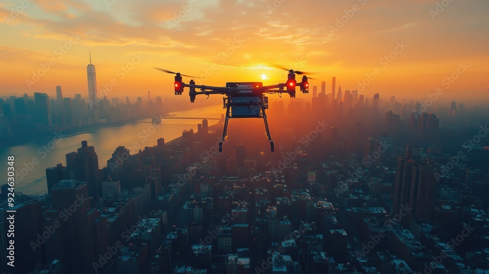 Drone Carrying Cargo Over City Skyline at Sunrise. Drone equipped with cargo flies over a city's skyline at sunrise. The image illustrates the future of urban logistics with drone delivery technology. Drone Carrying Cargo Over City Skyline at Sunrise. Drone equipped with cargo flies over a city's skyline at sunrise. The image illustrates the future of urban logistics with drone delivery technology.