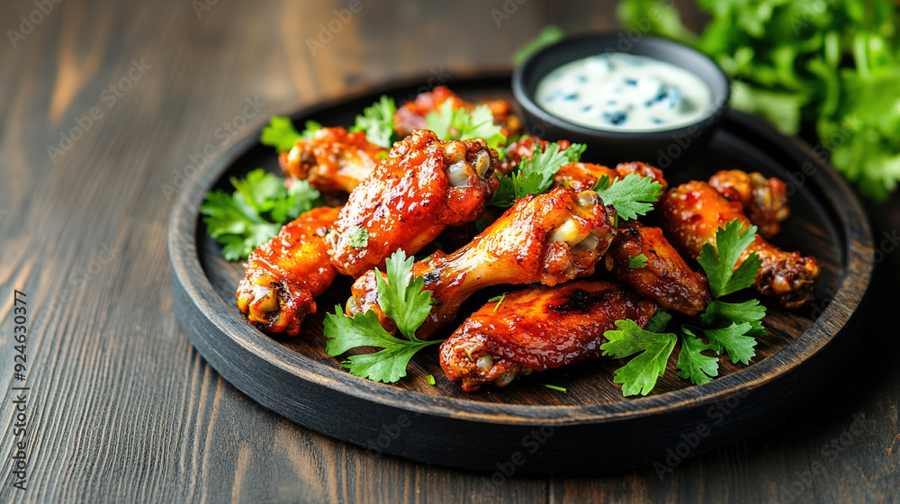 Chicken wings with sweet and sour sauce. Roast chicken wings BBQ. Fast food. Plate of delicious barbecue chicken wings. Korean fried chicken. Spicy chicken wings. Copy space area Chicken wings with sweet and sour sauce. Roast chicken wings BBQ. Fast food. Plate of delicious barbecue chicken wings. Korean fried chicken. Spicy chicken wings. Copy space area