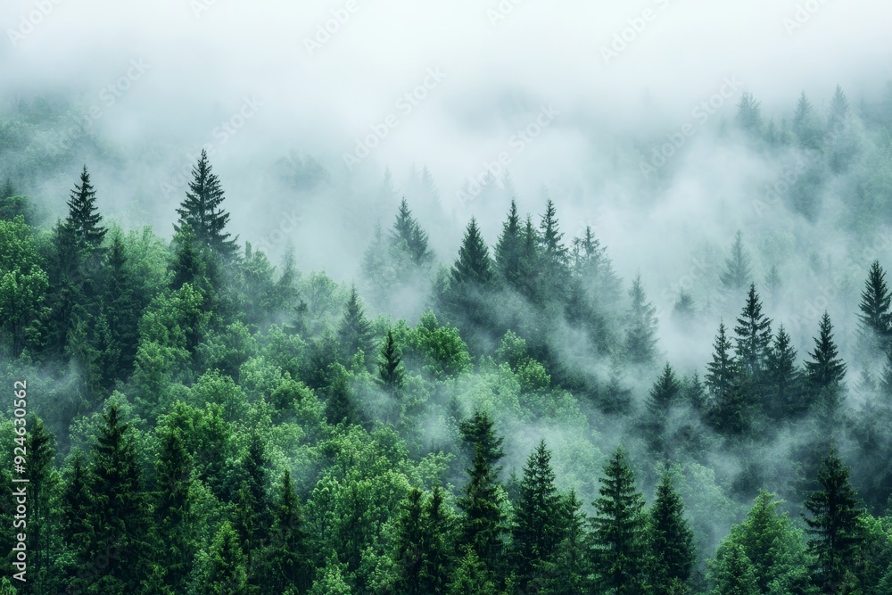 Fog shrouds evergreen trees in Washington, USA Fog shrouds evergreen trees in Washington, USA