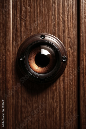 Close-up of black lens peephole on brown wooden door, glare on lens. View of spy hole, close lens door peephole on brown wooden texture. Poster banner. Security and safety concept. Copy ad text space