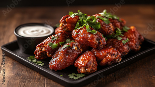 Plate of delicious barbecue chicken wings. Grilled chicken drumsticks with tomato sauce. Baked chicken wings in sweet and sour sauce with ketchup. Roast chicken wings BBQ. Fast food. Delicious food