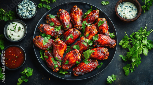 Plate of delicious barbecue chicken wings. Grilled chicken drumsticks with tomato sauce. Baked chicken wings in sweet and sour sauce with ketchup. Roast chicken wings BBQ. Fast food. Delicious food