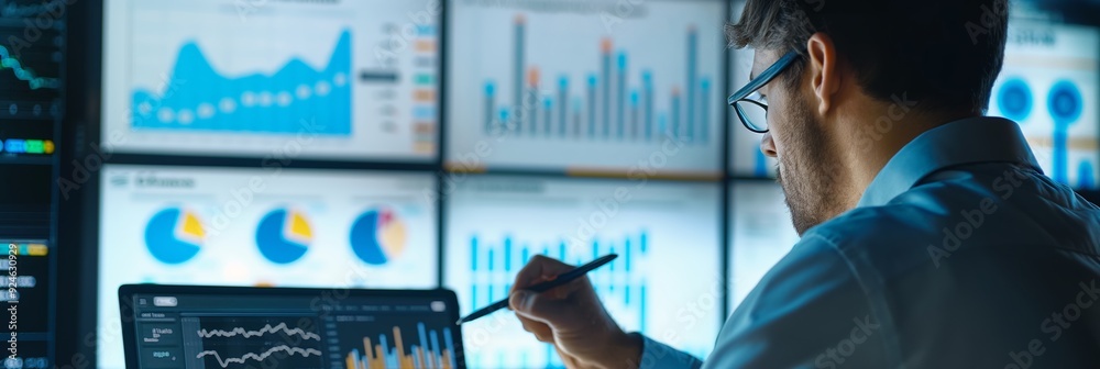An analyst with a pen in hand studies various data visualizations displayed on multiple monitors, analyzing business performance indicators and trends.