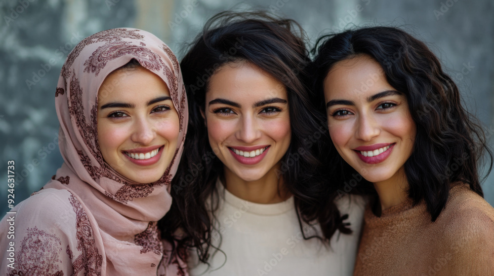 A cheerful group of three women, representing different ethnic backgrounds, smiling together A cheerful group of three women, representing different ethnic backgrounds, smiling together