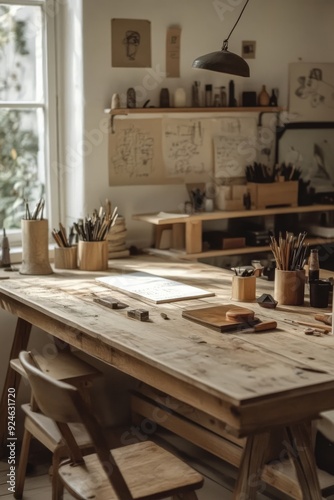 Wallpaper Mural Wooden work space, soft colors, remote working Torontodigital.ca