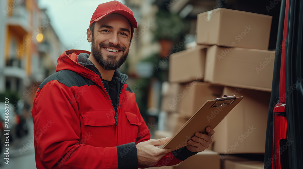 Happy Delivery Man with Clipboard by Van. Smiling delivery man in a red uniform holds a clipboard next to a van stacked with boxes, showcasing the efficiency of parcel delivery logistics. Happy Delivery Man with Clipboard by Van. Smiling delivery man in a red uniform holds a clipboard next to a van stacked with boxes, showcasing the efficiency of parcel delivery logistics.
