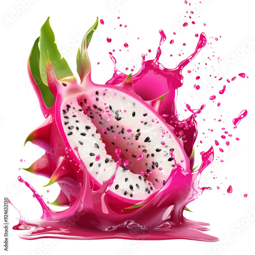 Vibrant dragon fruit splash isolated on transparent background, perfect for tropical beverage promotions, food styling, and exotic fruit marketing photo