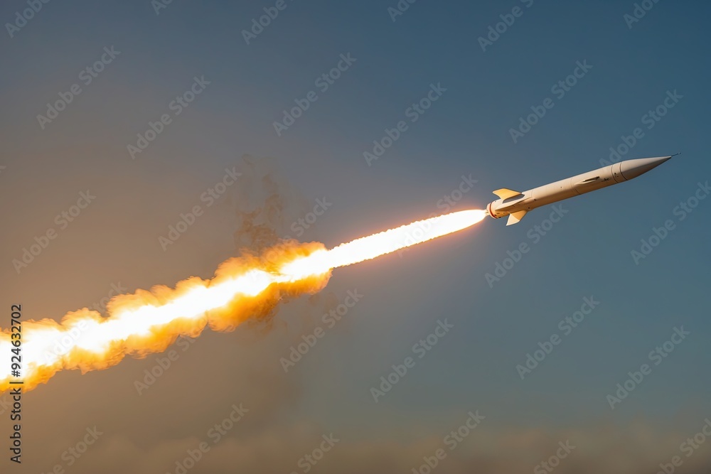 Missile Launch with Fiery Trail Against Background Highlighting Explosive Rocket Trajectory Missile Launch with Fiery Trail Against Background Highlighting Explosive Rocket Trajectory