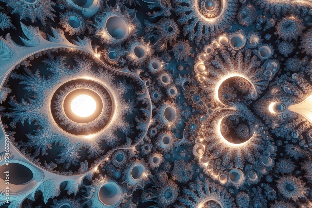 Detailed 3D Fractal Backdrop Featuring Complex Shapes Light Interaction and Abstract Designs