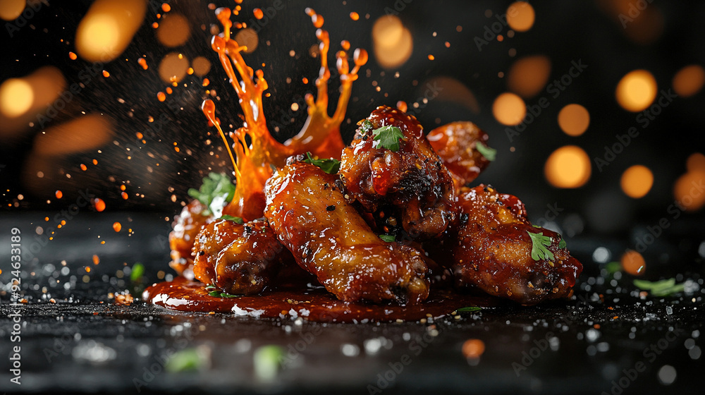 Chicken wings with sweet and sour sauce. Roast chicken wings BBQ. Fast food. Plate of delicious barbecue chicken wings. Korean fried chicken. Spicy chicken wings. Copy space area Chicken wings with sweet and sour sauce. Roast chicken wings BBQ. Fast food. Plate of delicious barbecue chicken wings. Korean fried chicken. Spicy chicken wings. Copy space area