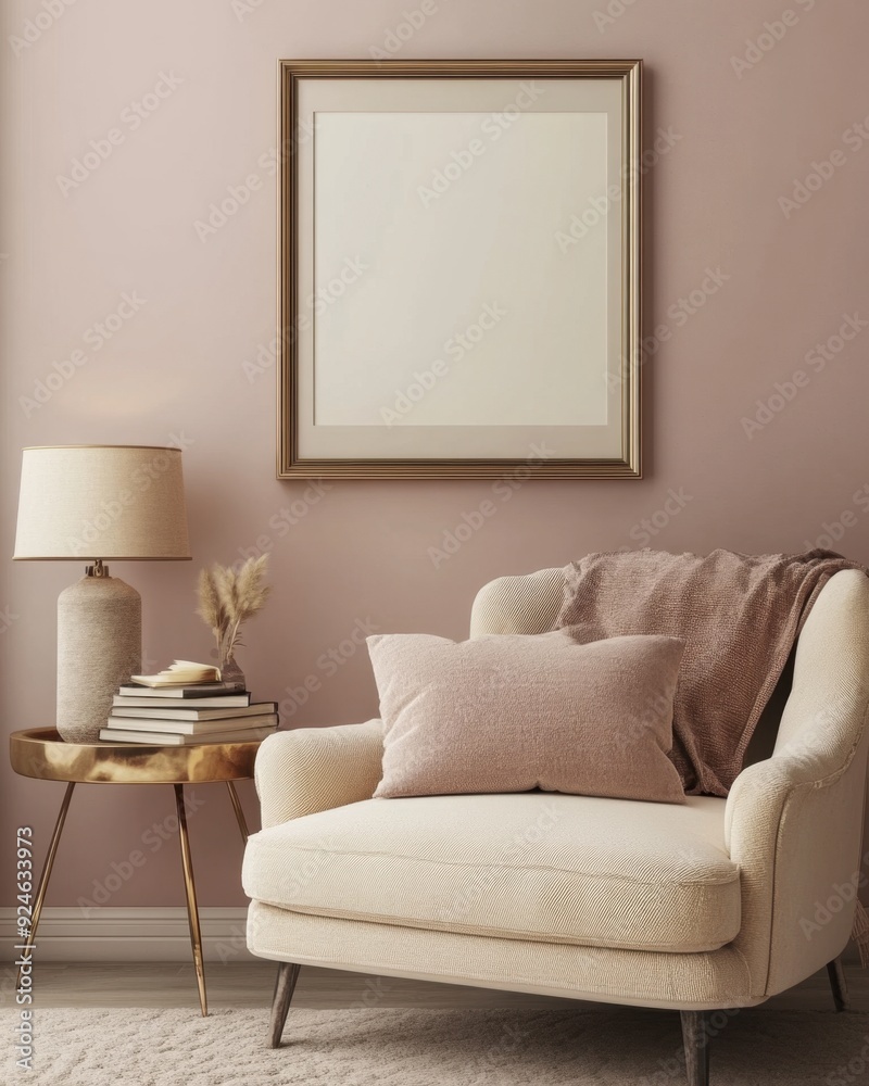 Fototapeta premium A white chair with a pink pillow and a gold lamp on a table