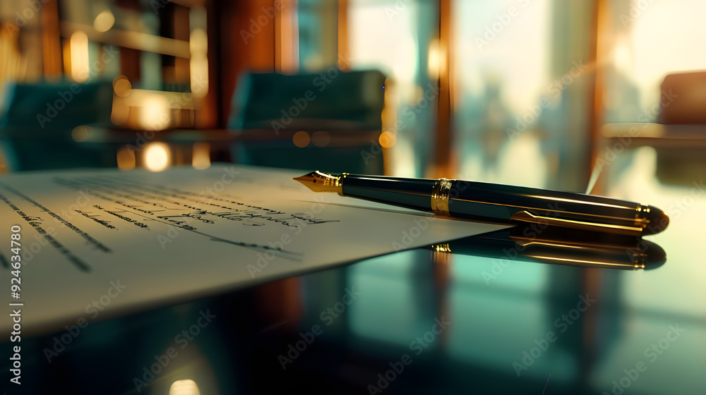 A fountain pen rests on a signed document in an executive office, symbolizing formal agreements, business decisions, and professionalism. A fountain pen rests on a signed document in an executive office, symbolizing formal agreements, business decisions, and professionalism.