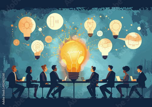 Creative Brainstorming Session Team Discussing Project Ideas with Light Bulb Symbolizing New Concepts and Problem Solving Minimalistic Vector Illustration