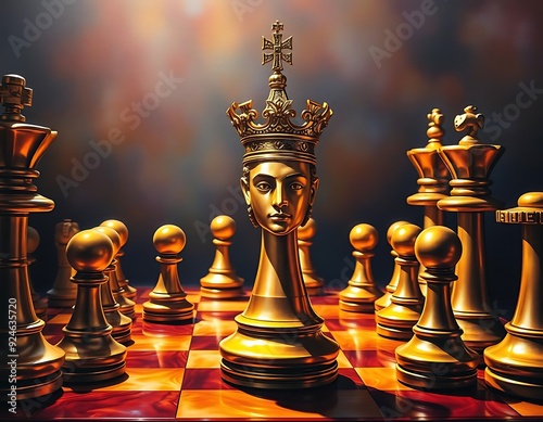 Chess pieces on a wooden board in a strate photo