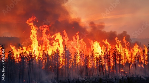 Forest fire wildfire at night time on the mountain with big smoke