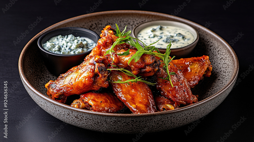 Plate of delicious barbecue chicken wings. Grilled chicken drumsticks with tomato sauce. Baked chicken wings in sweet and sour sauce with ketchup. Roast chicken wings BBQ. Fast food Plate of delicious barbecue chicken wings. Grilled chicken drumsticks with tomato sauce. Baked chicken wings in sweet and sour sauce with ketchup. Roast chicken wings BBQ. Fast food
