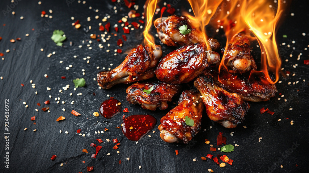 Roast chicken wings BBQ. Fast food. Baked chicken wings in sweet and sour sauce with ketchup. Plate of delicious barbecue chicken wings. Copy space area Roast chicken wings BBQ. Fast food. Baked chicken wings in sweet and sour sauce with ketchup. Plate of delicious barbecue chicken wings. Copy space area