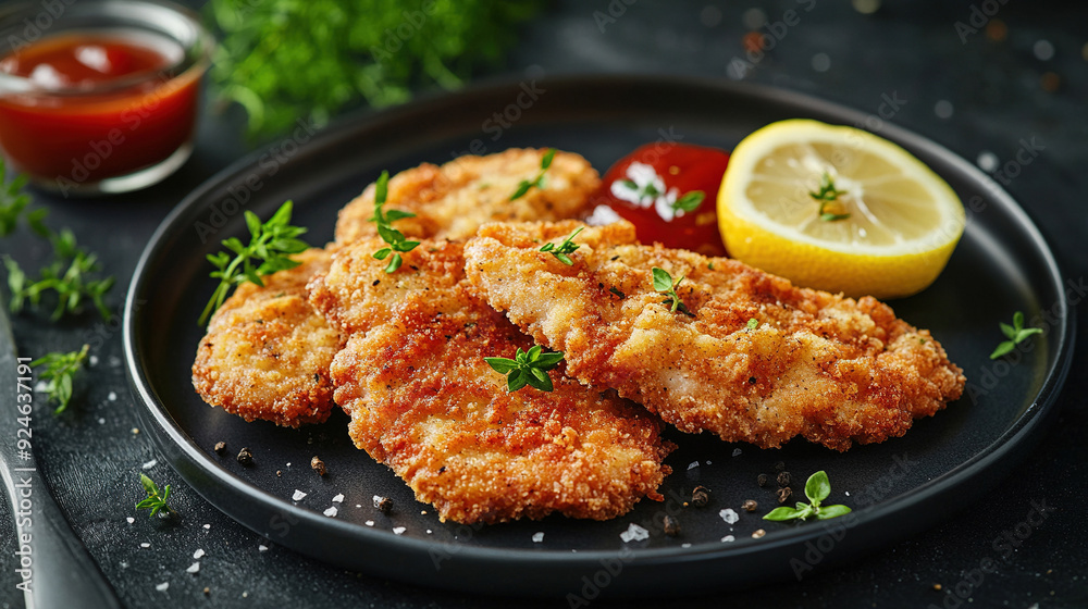 The incredibly delicious and appetizing breaded chicken cutlets on a dark plate with lemon, herbs and ketchup sauce. Crispy chicken strips or fried chicken. Fast Food. Copy space area The incredibly delicious and appetizing breaded chicken cutlets on a dark plate with lemon, herbs and ketchup sauce. Crispy chicken strips or fried chicken. Fast Food. Copy space area