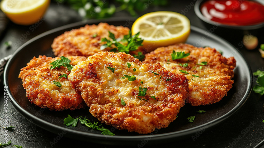 The incredibly delicious and appetizing breaded chicken cutlets on a dark plate with lemon, herbs and ketchup sauce. Crispy chicken strips or fried chicken. Fast Food. Copy space area The incredibly delicious and appetizing breaded chicken cutlets on a dark plate with lemon, herbs and ketchup sauce. Crispy chicken strips or fried chicken. Fast Food. Copy space area
