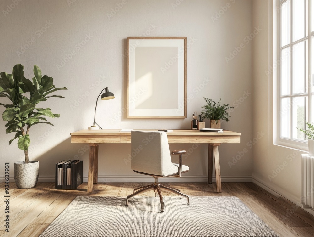 A clean and organized office space with a wooden desk, a chair A clean and organized office space with a wooden desk, a chair