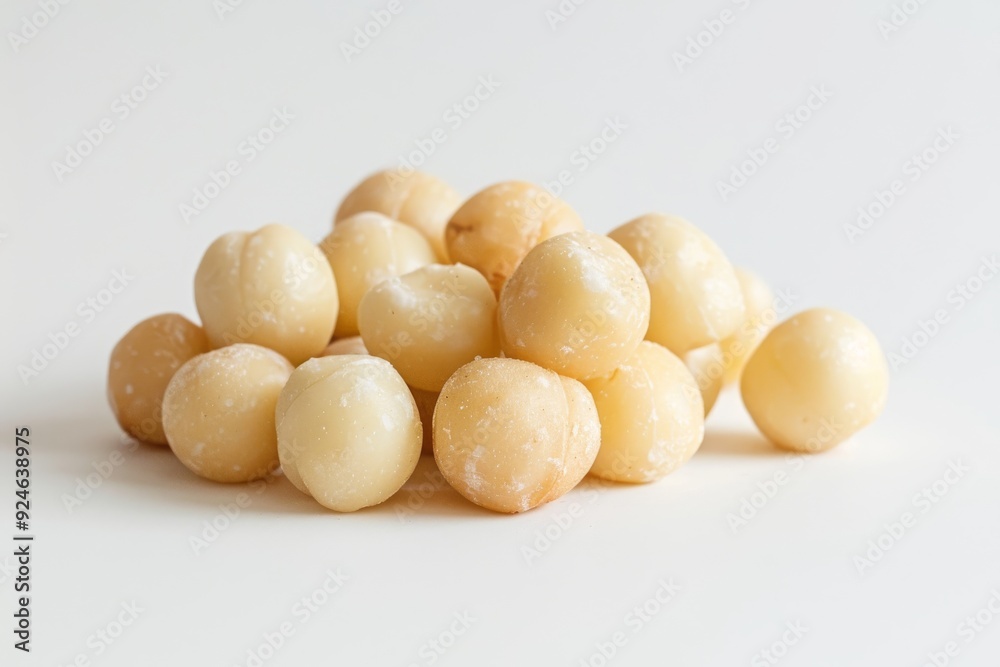 A pile of light-colored, round snacks with a dusting of powder. A pile of light-colored, round snacks with a dusting of powder.