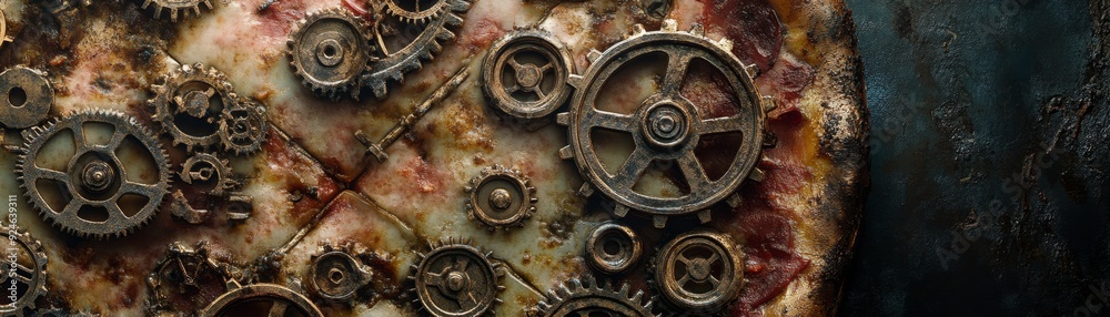 Steampunk Pizza Delight: Mechanical Gears Toppings in Bronze and Copper Tones - Industrial 3D Art Concept Steampunk Pizza Delight: Mechanical Gears Toppings in Bronze and Copper Tones - Industrial 3D Art Concept