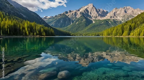 Mountain lake animation. Towering mountains reflected in clear water with lush greenery. Majestic landscape design. photo