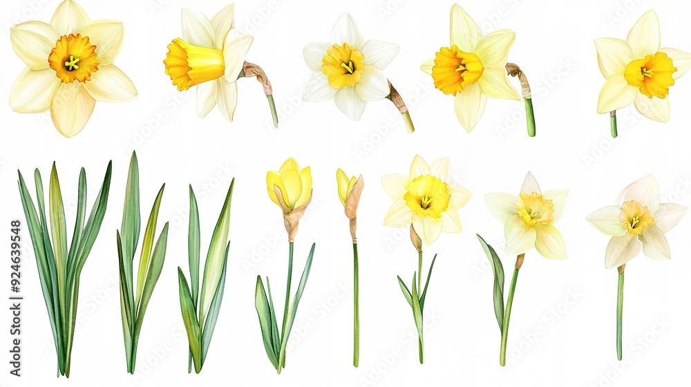 Fototapeta premium Set of Watercolor Daffodil Flowers Clipart, Hand-Painted Floral Illustrations Isolated on White Background